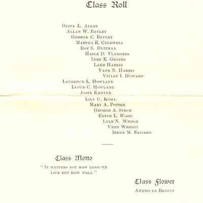 Class Roll of 1906, motto, and flower.