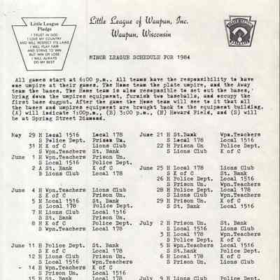 Insert, Minor League Schedule for 1984