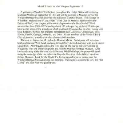 News Release - Model T Fords to Visit Waupun