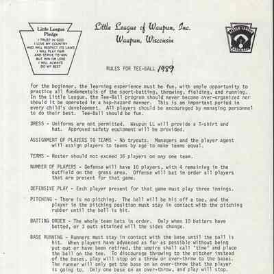Rules Tee-Ball, 1989