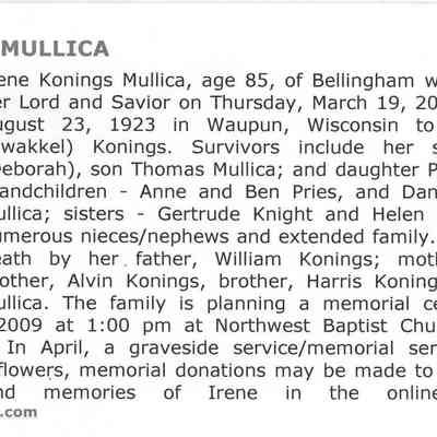 Irene Konings Mullica Obituary