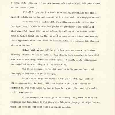 Historical Info on Wisconsin Telephone -Waupun Cont.'