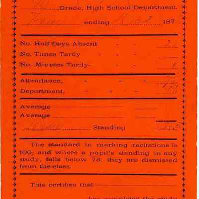 Attendance report card from the South Ward School in Waupun.