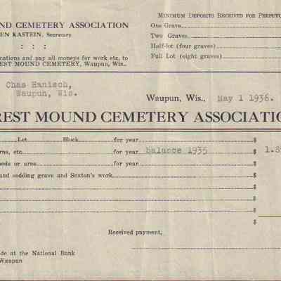 Notice, Forest Mound Cemetery, Ben Kastein, Secretary, Harold Hanisch