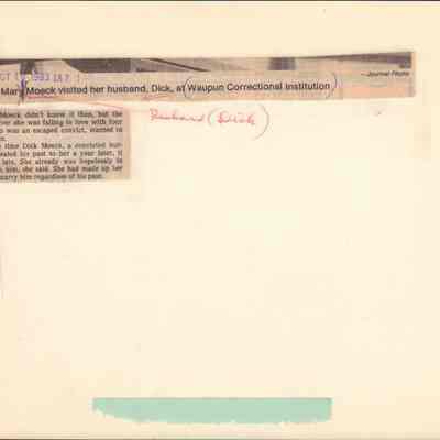 Info on back of photo of Mary Moeck visiting husband