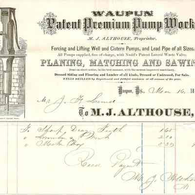 Invoice, M J Althouse Pump Works, 1872