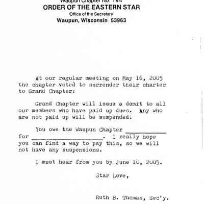 Eastern Star note sent about May 2005.