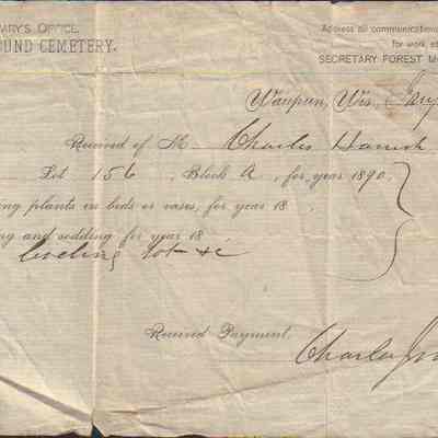 Receipt, Forest Mound Cemetery, Charles Hanisch
