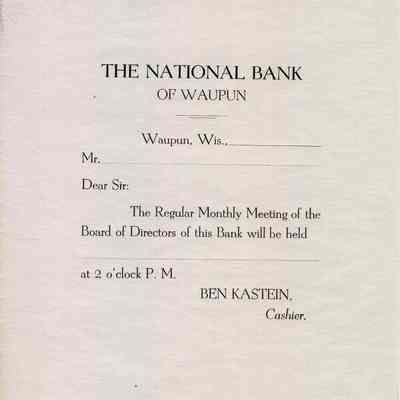 Notice, The National Bank of Waupun, Monthly Meeting