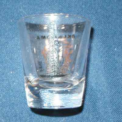 Shot glass with Oklahoma, "End of the Trail."