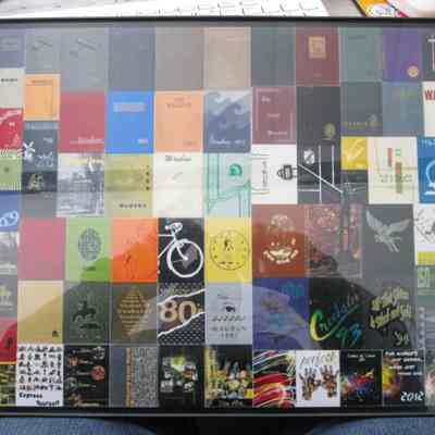 Patchwork print of all of the covers of the Waupun High School Year Book