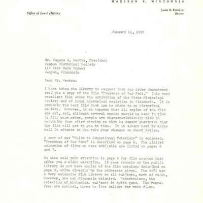A Letter regarding State Historical Society