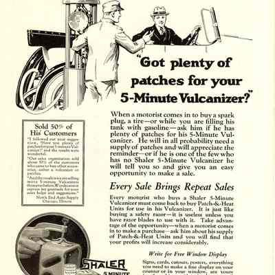Ad, Shaler, Got Plenty of Patches for You 5 Minute Vulcanizer, Motor World, April 4,1923