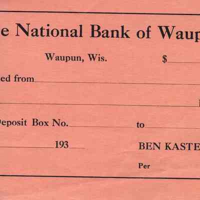 Receipt, The National Bank of Waupun, Deposit Box