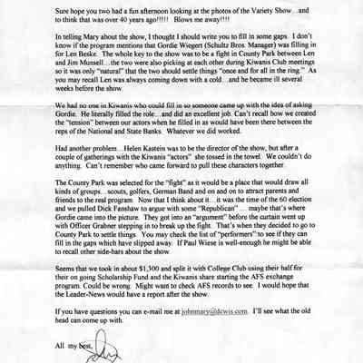Letter from John Kirkpatrick about the 1960 Variety Show, Kiwanis and College Club