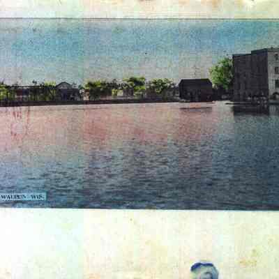 Postcard, Canning Factory, Stone Mill, Mill Pond & Madison Street Bridge.