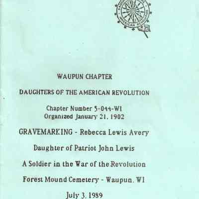Program, Daughter of the American Revolution, Grave Marking Ceremony, Sesquicentennial, 150th Anniversary