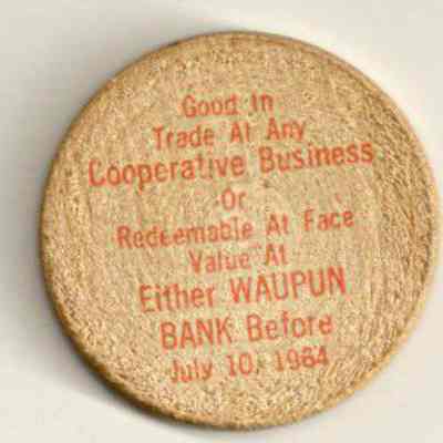 Back side of wooden nickel-125th Anniversary.