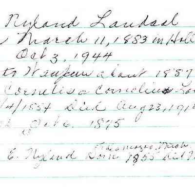 Note Card, Family Tree, Henry Landaal, Cornelius Landaal, Nellie Landaal