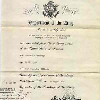 Military, Army Discharge Certificate, Delwin M. Boom.