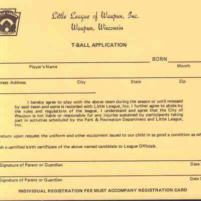 Application Card, T-Ball Little League