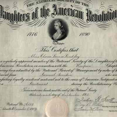 Certificate, Daughters of the American Revolution, Clara Lindsey