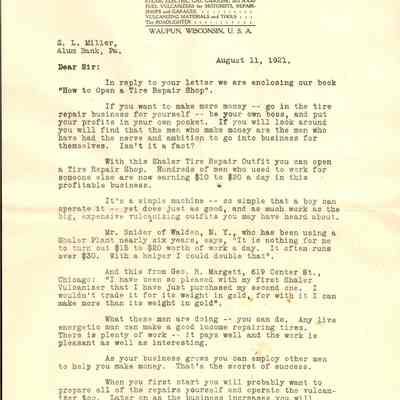 Letter, Shaler, C. A. Shaler Company, How to Open a Tire Repair Shop