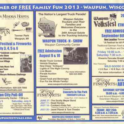 Placemat, Festivals and Events, Celebrate Waupun, Truck n Show, Volksfest, Prison City Pull Off, Concerts in the Park