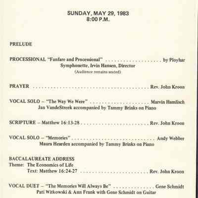 Waupun High School "Baccalaureate Service" (May 29 1983)