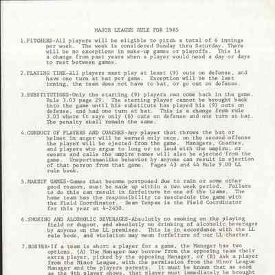 Rules Major League, 1985