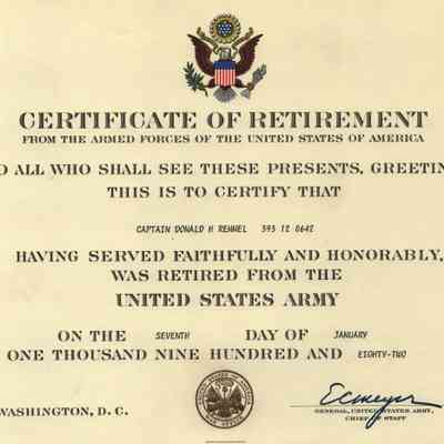 Certificate, Retirement, United States Army, Donald Remmel, 1982