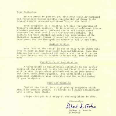Letter Certificate of Registration for the End of the Trail statue Limited First Edition
