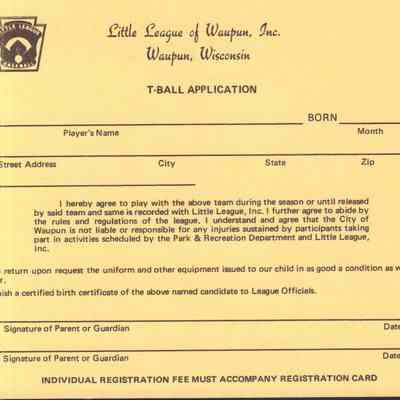 Application Card, T-Ball Little League