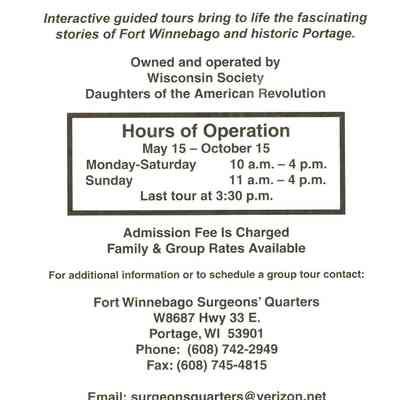 Back of pamphlet from Fort Winnebago Surgeons' Quarters