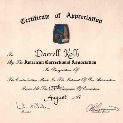 Certificate, Appreciation, American Correctional Association, Darrell Kolb