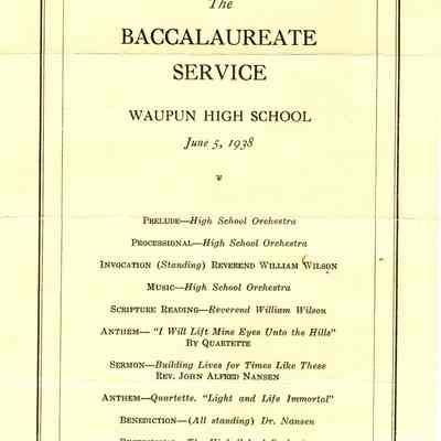 Program, Baccalaureate Service, Waupun High School, Class of 1938