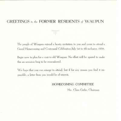 Correspondence, Greetings Waupun Centennial Homecoming Committee, 1939
