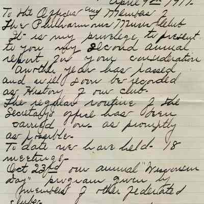 Philharmonic, Music Club, Secretary's Report, April 9, 1917