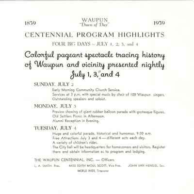 Program for Waupun Centennial Celebration of 1939