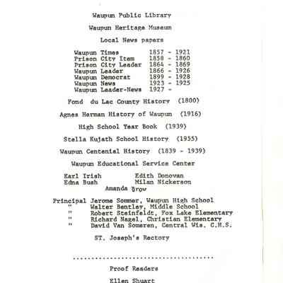 Credits -page from Book on History of Waupun Area Schools
