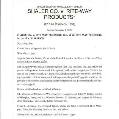 Document, Shaler, Shaler Company V Riteway Products, Circuit Court of Appeals