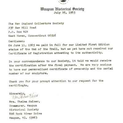 Letter Certificate of Registration for the End of the Trail statue Limited First Edition