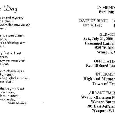 Earl Pillsbury Funeral Card
