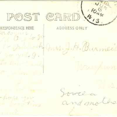 Photo postcard with message to Mrs. J. H. Burmeister