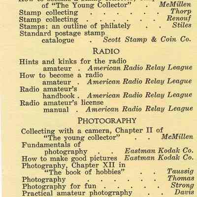 Book on Hobbies List, Library, Carnegie, 1938