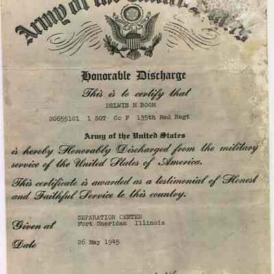 Military, Honorable Discharge Card, Delwin Merril Boom