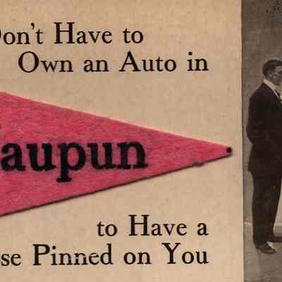 Postcard, Waupun Pennant Pink, You Don't Have to Own an Auto in Waupun to Have a Rose Pinned on You