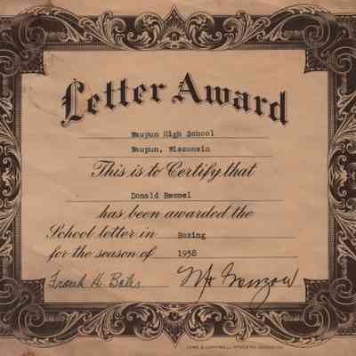 Certificate, Letter Award, 1938 Boxing, Donald Remmel