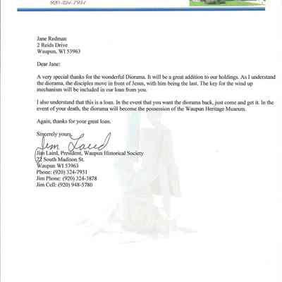 Letter, Waupun Historical Society to Jane Redman, Diorama, Jesus and Disciples