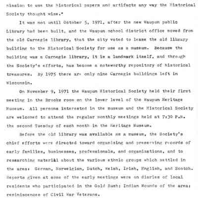 Account of Waupun Historical Society